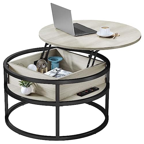 Image of YITAHOME Round Lift Top Coffee Table, Coffee Tables for Living Room with Hidden Storage Compartment, Coffee Table with Storage for Home Office,Round Center Tables Living Room (White Oak)