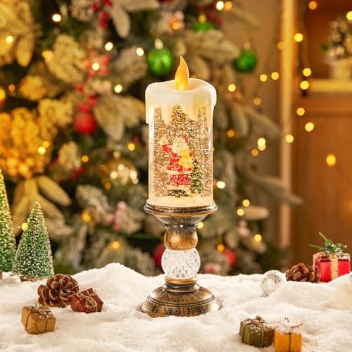 Image of Warmiehomy Christmas Candle Snow Globe Christmas Decorations Indoor Xmas Flameless Candle Light Up Battery Powered Glitter Swirling Santa Claus Snow Globe Lantern for Gifts, No Battery Include
