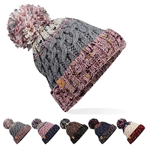 Image of ECOMBOS Winter Bobble Hats Beanie Hat Cable Knitted Hat with Thermal Hat Womens Colorful Bobble Pom Pom Hats for Ladies and Mans Outdoor Sports Ski Grey