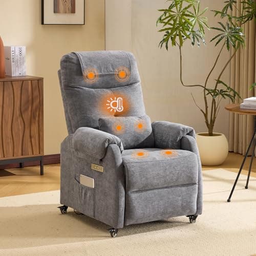 Image of Bonnlo Recliner Armchair with Wheels Electric Reclining Chair with Massage & Heat, Hight Back Chair with Adjustable Footrest, Side Pockets for Living Room, Bedroom, Remote Control, Fabric, Dark Grey