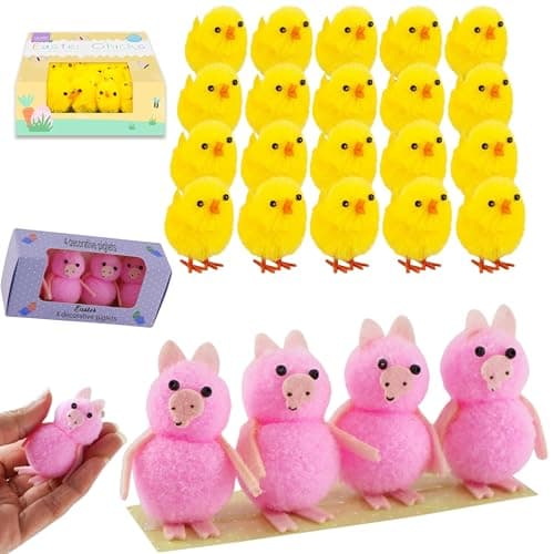 Image of HOVUK 24PCS Easter Mini Animal Decorations – 20 Yellow Easter Chick Decorations & 4 Pink Piglet Figurines, Cute Easter Craft Supplies, Easter Basket Fillers, Table Decor Party Favors