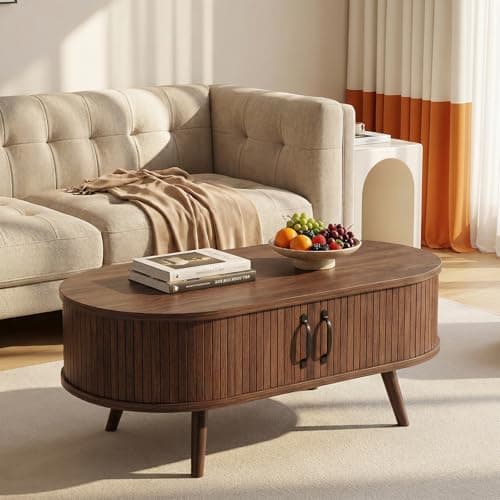 Image of SJPVPYB Coffee Table with Storage, Modern Oval Tea Table for Living Room End Sofa Tables with Sliding Doors, Brown (Oval Walnut)