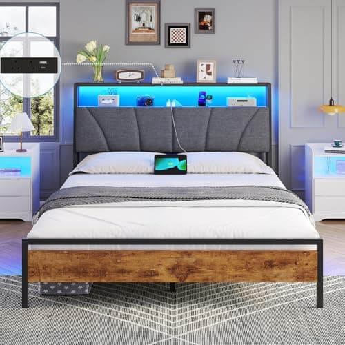Image of DICTAC Small Double Bed Frame 4ft with Upholstered Storage Headboard, Stable and Sturdy Metal Small Double Bed with Charging Station (2 AC Sockets, 1 USB-A 1 USB-C Port) & LED Lights, 120x190 cm, Grey