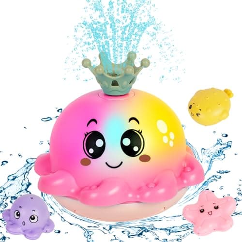 Image of Jiosdo Baby Bath Toys, Octopus Sensory Light Up Bath Toys for Babies, Auto-Sensing Water Spray Sprinkler Toy Bath Lights for Kids, Floating Fountain Shower Toys (Pink)