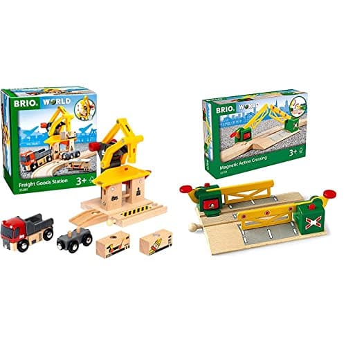 Image of BRIO World Freight Goods Station for Kids Age 3 Years Up - Compatible With All BRIO Railway Train Sets and Accessories & Magnetic Action Train Crossing for Kids Age 3 Years Up