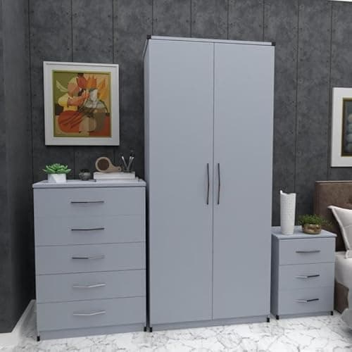 Image of Ready 3-Piece Bedroom Furniture Set, 2-Door Wardrobe 78cm, 5-Drawer Chest 72cm, 3-Drawer Bedside 40cm (Silver)