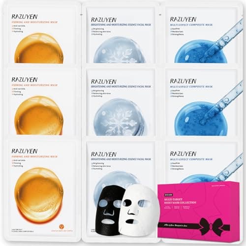 Image of RAZUYEN Face Sheet Masks 9 Variety Packs - Stocking Fillers, Peptides, Vitamin C and Panthenol B5, Anti-aging, Brightening, Soothing Facial Skincare Gift Set