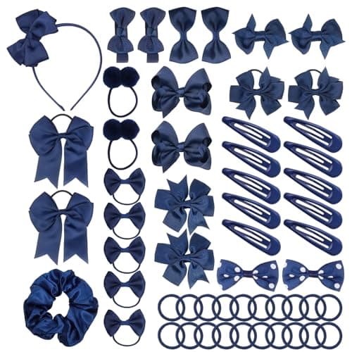 Image of 55Pcs Girls School Hair Accessories Navy Blue Bow Hair Clips Bow Headband Ponytail Holder Elastics Bands Ribbon Hair Barrettes Girls Hair Accessories Christmas Birthday Gift
