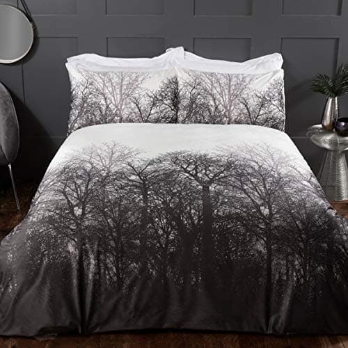 Image of Sleepdown Forest Trees Serene Scene Printed Soft Cosy Velvet White Charcoal Grey Duvet Cover Quilt Bedding Set with Pillowcases - Double (200cm x 200cm)