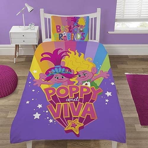 Image of Coco Moon Trolls Poppy & Viva Single Duvet Cover Set | Bedding Set Includes Single Duvet and Pillow Set Boys & Girls