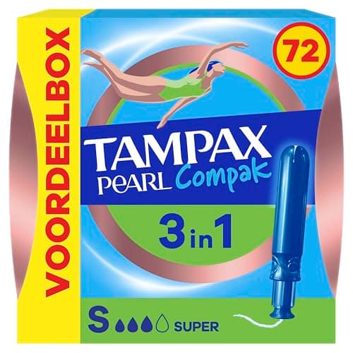 Image of Tampax Compak Pearl, Tampons with Applicator, Super, Eco Size, 72 Individual Pockets (4 x 18), Medium to Bouncers, 3 Comfort with Soft Applicator, MotionFit Technology, Soft Veil