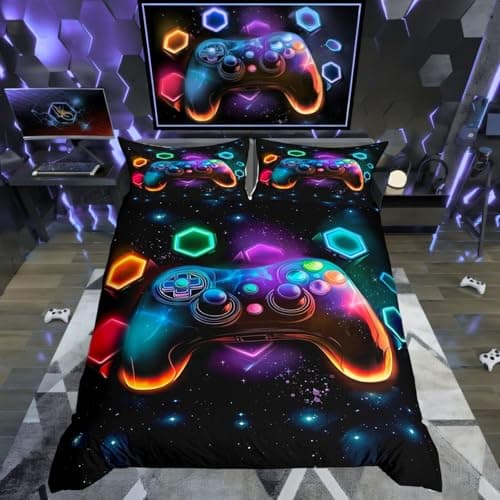 Image of Homewish Gaming King Size Duvet Cover Sets 3 Pieces, Reversible Colorful Gamer Gamepad Kids Bedding Sets for Boys Girls Teens, Rainbow Honeycomb Print Quilt Cover, Galaxy Bed Set, Microfibre