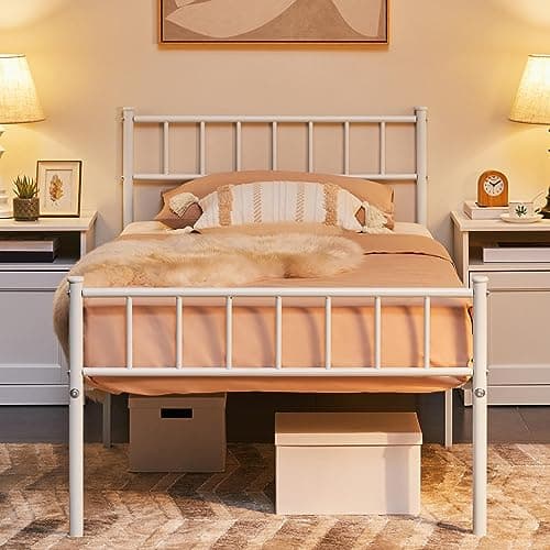 Image of Yaheetech 3ft Single Metal Bed Frame Modern Style Bed Frame with Headboard and Footboard, Solid Slatted Base White