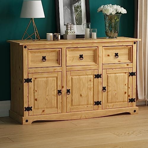 Image of Vida Designs Corona 3 Door 3 Drawer Sideboard, Solid Pine Living Room Dining Bedroom Furniture