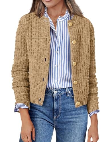 Image of Zeagoo Women's Cardigan Open Front Button Down Knit Sweater Cropped Cardigans Casual Long Sleeve Jackets Outerwear Khaki S