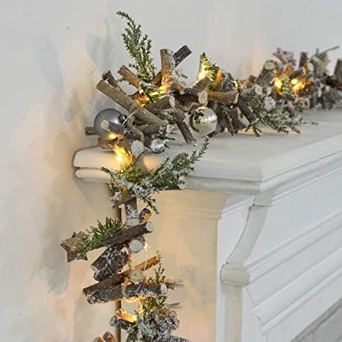 Image of Mr Crimbo 100cm Pre-Lit Christmas Wooden Garland Decoration 10 LED Lights Rustic Grey Sticks Pine Cones Silver Baubles White Stars Mantlepiece Xmas Battery Operated