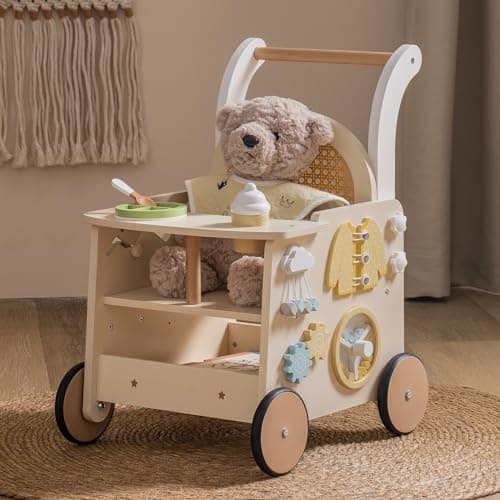 Image of ROBOTIME Baby Walker, Wooden Pram Toy, Push Along Walker Pushchair, Educational Toy Gift for Boys Girls, Safe First Step Walker with Under-Seat Storage for Age 10 Months+