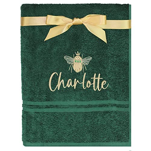 Image of TeddyT's Personalised Gold Bee Embroidered Towel (Bath Towel, Bottle Green)