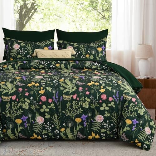Image of WONGS BEDDING King Size Duvet Cover Set 3 Piece, Dark Green Floral Bedding Set, Quilt Cover with Botanical Flowers Patterns, Soft Brushed Microfiber Bedding Cover with 2 Pillowcases, 230x220 cm