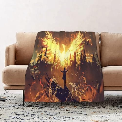 Image of JYLYZZIN Fleece Blanket | Soft Cozy Flannel Throw Blanket | Perfect for Home, Bedroom, Sleepovers & Camping,wizard summoning the phoenix from hell digital art style illustration painting,76x100cm