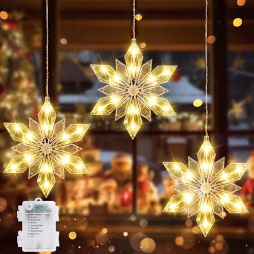 Image of Quntis Christmas Snowflake Window Lights Battery Operated, 0.6m 36 LED Warm White Curtain Lamp with 8 Modes, Timer, Waterproof Diamond Snowflake Fairy Light for Outdoor/Indoor Decoration