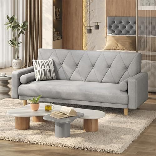 Image of Yaheetech Convertible Sofa Bed Fabric Sofa Couch Click Clack Modern Sleeper Sofa Settee with 2 Bolster Pillows for Living Room/Guest Room Light Grey