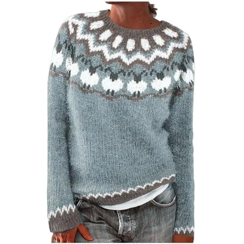 Image of Fairisle Jumpers for Women UK Chunky Sweater Knitted Warm Jumper Long Sleeve Fair Isle Sweaters Winter Icelandic Pullover Oversized Plus Size Christmas Outfit Tops