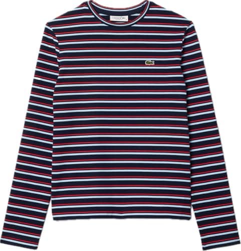 Image of Lacoste Long Sleeved Striped Cotton T-Shirt | Women's UK 8 | Navy Blue, Light Blue & Red | Embroidered Logo | TF0354