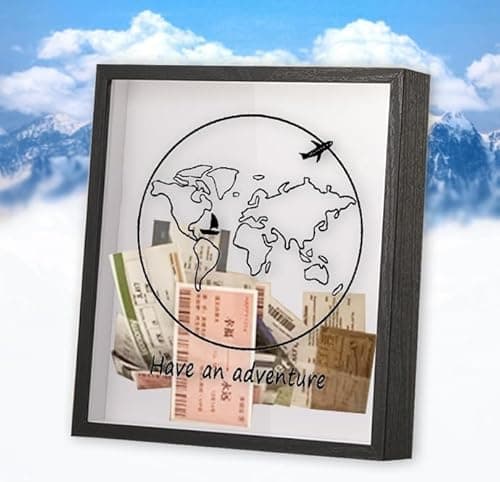 Image of Sowoxdme Adventure Archive Travel Shadow Box with Slot for Travel Gifts Essentials,12 In Large Travel Memory Keepsake Box Frame Display Cases for Tickets, Postcard & Photos(Black)