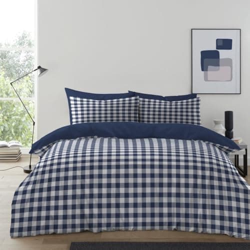 Image of Gingham Moor Check Microfibre Duvet Cover Set – Reversible Checked Quilt Cover with Matching Pillowcases – Soft, Lightweight Bedding Set – Easy-Care & Durable (Blue, Double)