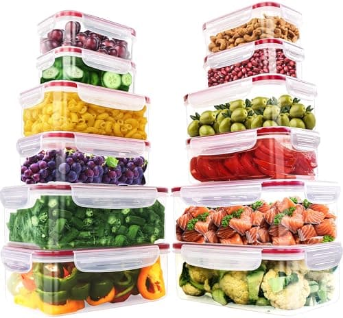 Image of KICHLY Airtight Plastic Food Containers with Lids, 24 piece, BPA-Free, Leakproof Food Storage lunch box, Stackable Meal Prep Set for Kitchen & Pantry Storage Organization, Red (12 Containers, 12 Lids)