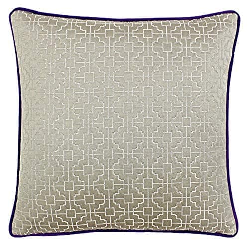 Image of Riva Paoletti Belsize Cushion Cover - Taupe Grey - Geometric Square Design - Jacquard Weave - Contrasting Purple Piped Edges - 58% Linen 42% Polyester - 45 x 45cm (18" x 18" inches)