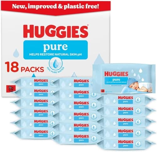 Image of Huggies Pure Plastic Free Baby Wipes - Pack of 18 (864 Wipes) - 99% Water Wet Wipes, Fragrance Free, Hypoallergenic, Better Cleaning, Soft and Gentle on Babies' Delicate Skin