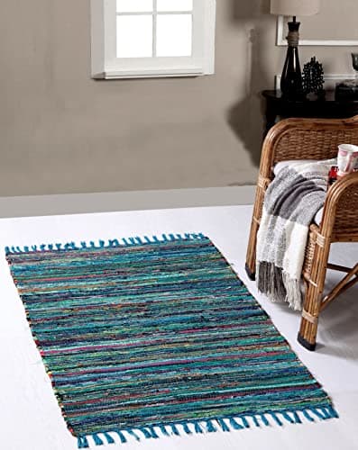 Image of Second Nature Online Green Multi Colour Festival Rag Rug Small Hand Made Reversible Mat GoodWeave Certified 60 cm x 90 cm