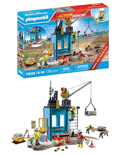Image of PLAYMOBIL Action Heroes Promo Pack 71650 Construction Site with Three Figures, Moving Crane and Many Other Extras, Detailed Toy for Children from 4 Years