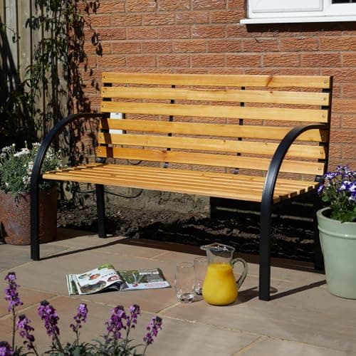 Image of Home Source Lupine Garden Bench Wooden Seating with Metal Frame Patio Chair, 2 Seater, Natural