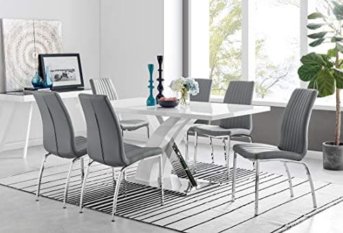 Image of Furniturebox UK Atlanta Rectangle Chrome Metal Modern Stylish High Gloss White 6 Seater Dining Table and 6 Stylish Isco Dining Chairs Set (Dining Table + 6 Elephant Grey Isco Chairs)