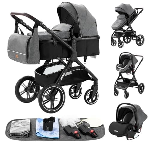 Image of YAZOCO 3 in 1 Prams, Pushchair with Height Adjustable Handle, Travel System Pram with Changing Bag, Baby Stroller with Aluminum Frame for Newborn 0-4 Years (X1 Grey)