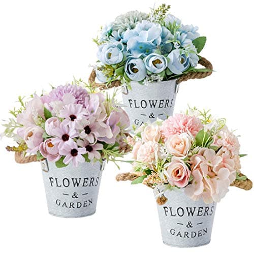 Image of HOTLIKE Artificial Flowers Plants Set of 3, Fake Plants With Metal Pot, Indoor and Outdoor Mini Artificial Potted Plant, Perfect Decoration Gift for House Office Desk Kitchen Wedding (Rose 2)