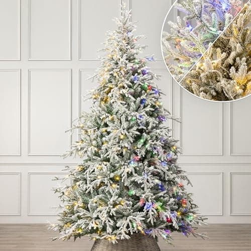 Image of Christow Pre-Lit Flocked Christmas Tree 8ft with Dual-Colour LED Lights (Switch from Warm White to Multi-Coloured), Verbier Fir, PE & PVC Tips, 11 Modes – Colour Changing, Timer, 240cm Diameter