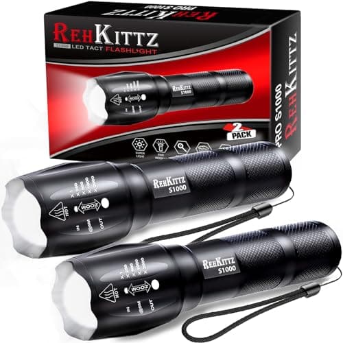 Image of REHKITTZ Torch LED Super Bright 2000 Lumen (2 Pack), Adjustable Focus with 5 Lighting Modes, Aluminium Alloy Pocket Size Flashlights, LED Lights for Emergency and Camping