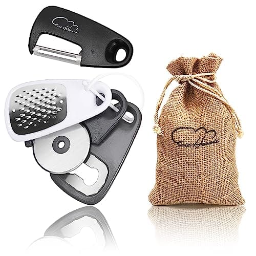 Image of 5 Pieces Kitchen Gadgets Set - Space Saving Kitchen Accessories Cheese Chocolate Grater, Fruit Vegetable Peeler, Bottle Opener, Pizza Cutter, Burlap Bags with Drawstring Gift Set……