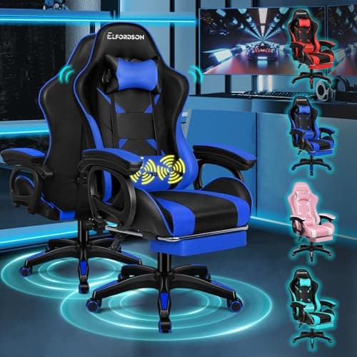 Image of ELFORDSON Gaming Chair with 2-point Massage Lumbar Cushion, High Back PC Computer Game Chair, 150° Reclining Office Chair with Headrest & Footrest, 360° Swivel, Home Esports, PU Leather, Blue