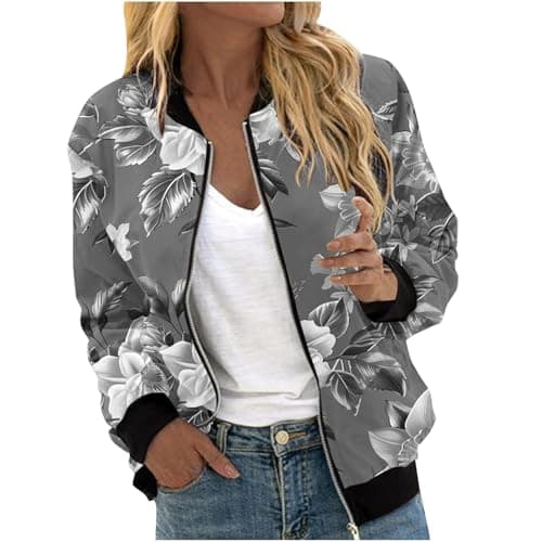 Image of RLEHJN Bomber Jacket Women Floral Printed Baseball Jackets Lightweight Spring Autumn Coats Outdoor Zip Up Casual Coat with 2 Pockets Outerwear Tops Ladies Jackets Size 8-22