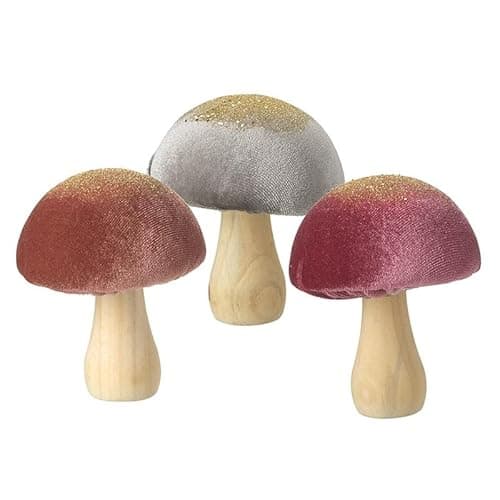 Image of Heaven Sends Velvet Top on a Wooden Stalk Mushrooms Mix Set of 3