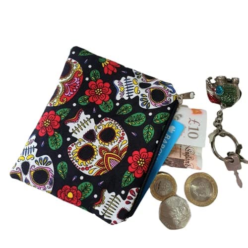 Image of Coin Purse Pouch - Black Skulls and Flowers | Perfect Gift | Handmade by Sew This, Sew That | Ideal for coins, credit cards, receipts, keys and more