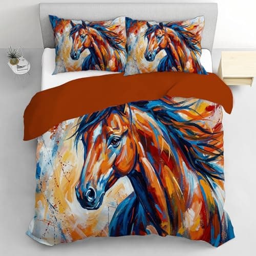 Image of Single Duvet Cover Sets, 135x200cm Abstract Animal Oil Paintings Reversible Bedding Set Soft Breathable Close-Up Of A Horse'S Head Bed Sets Lightweight Comforter Cover with Pillowcases, Orange Color