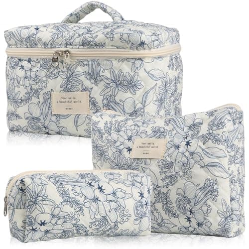 Image of 3 Pack Floral Cotton Makeup Bag Set, Large Capacity Quilted Toiletry Bag, Aesthetic Cotton Bag for Travel Vacation, Cosmetic Organizer Bag, Travel Skincare Bag for Women Ladies