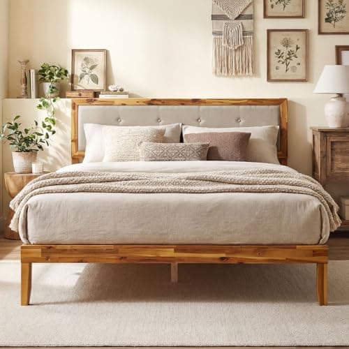 Image of COSTWAY 4FT6 Double/5FT King Size Bed Frame, Solid Acacia Wood Platform Beds with Tufted Headboard and Underbed Storage, Mid-Century Wood Slats Support Bed Mattress Base, No Box Spring Needed (King)