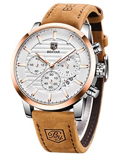 Image of BENYAR Mens Watches Quartz Chronograph Business Brand Waterproof Wristwatches Fashion Brown Leather Watches for Men (Brown Gold White)